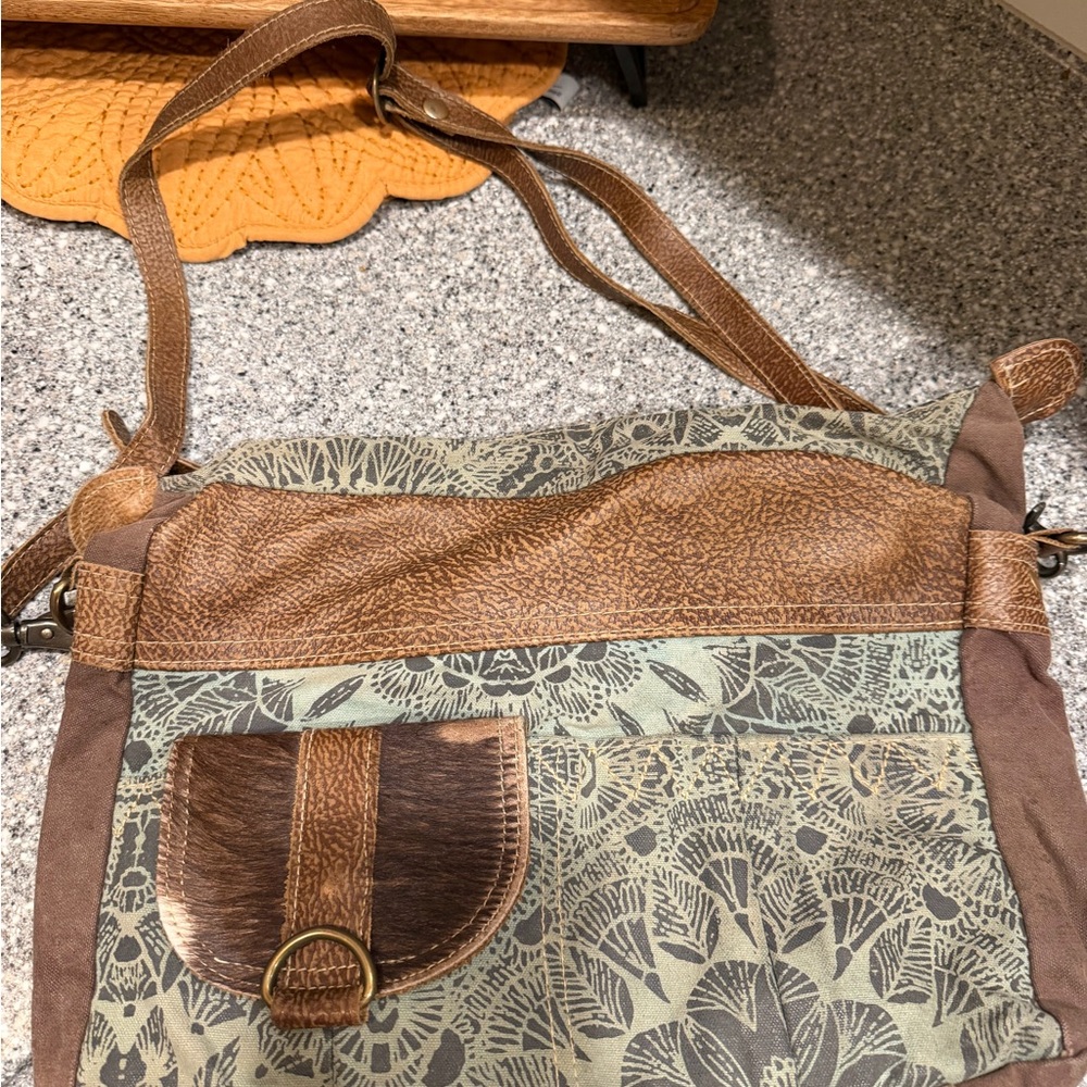 Myra Boho Floral Canvas and Brown Faux Leather Crossbody Bag